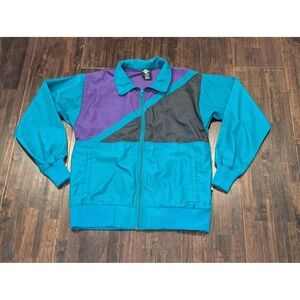 Vintage Sunbuster Jacket Womens Med Teal Colorblock Zip Windbreaker Made USA